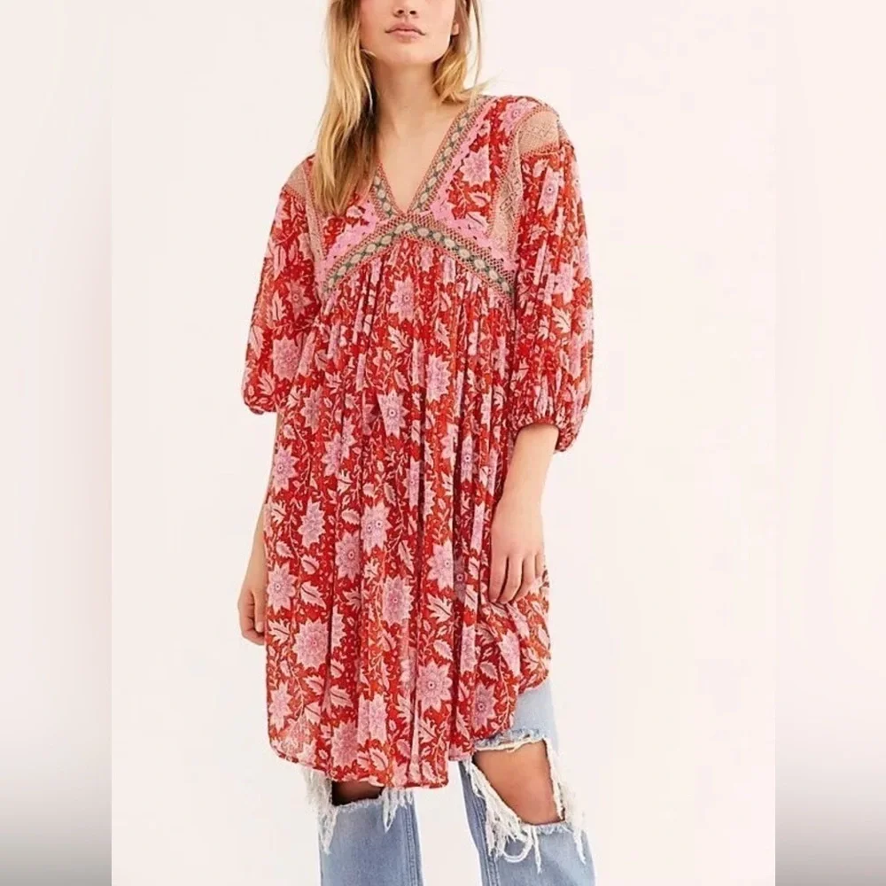 Free People moon child printed crochet inset colorful maxi top XS